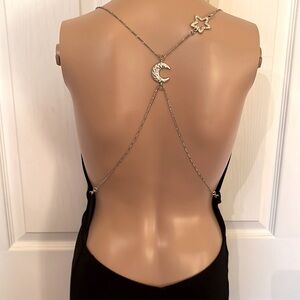 1001Nights black backless evening/prom dress with chain straps and train sz9/10